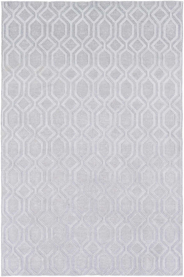 Close-up of Loughborough Slate Linen Rug featuring a geometric diamond pattern and light slate color. Design-Rectangle-69