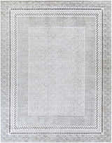 Close-up of the Lovern Area Rug. Farmhouse style rug in charcoal, gray, ivory, and light slate with geometric patterns. Design-Rectangle-710103