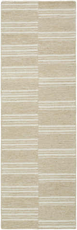 Close-up of the hand-tufted Argyro Area Rug. Beige and ivory wool rug with a subtle striped pattern and textured design. Design-Runner-268
