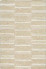 Close-up of the Argyro Area Rug. Beige and ivory wool rug with a farmhouse style stripe pattern. Design-Rectangle-576