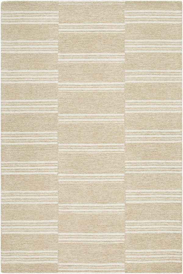Close-up of the Argyro Area Rug. Beige and ivory wool rug with a farmhouse style stripe pattern. Design-Rectangle-576