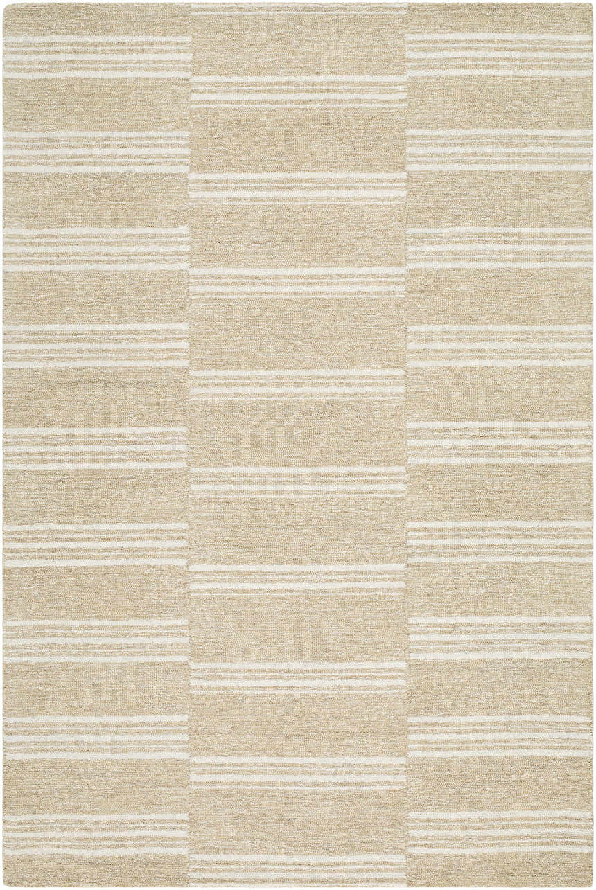 Close-up of the Argyro Area Rug. Beige and ivory wool rug with a farmhouse style stripe pattern. Design-Rectangle-576