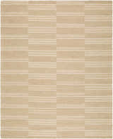 Close-up of the Argyro Area Rug. Beige and ivory wool rug with a subtle striped, block pattern. Hand-tufted texture. Design-Rectangle-810