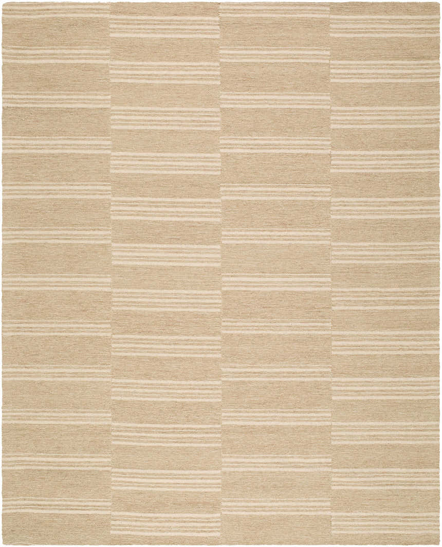 Close-up of the Argyro Area Rug. Beige and ivory wool rug with a subtle striped, block pattern. Hand-tufted texture. Design-Rectangle-810