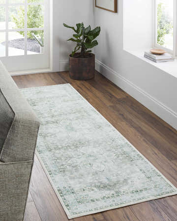 Hallway styled with a Lotan Green Medallion Washable Area Rug, wood floors, gray sofa, and natural light. Roomscene-Runner
