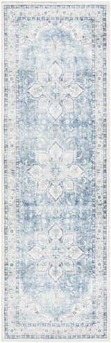 Close-up of Lotan Blue Medallion Washable Area Rug. Farmhouse style rug with a traditional light gray and blue medallion pattern. Design-Runner-268