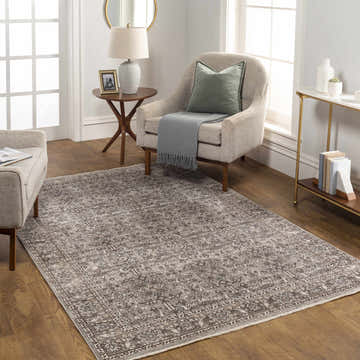 Living room scene with a charcoal Lugo Luxe Area Rug, beige armchairs, and light wood floors. Roomscene-Rectangle