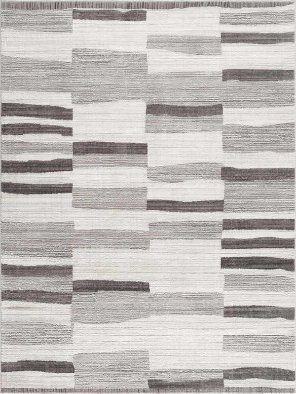 Close-up of the Bojana Broken-Striped Area Rug. Geometric pattern in black, cream, off-white, and vizon. Machine woven texture. Design-Rectangle-5373