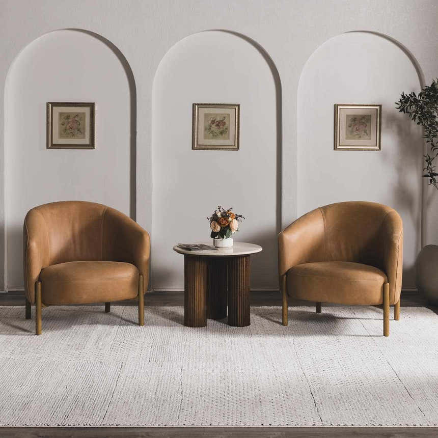Living room scene with tan chairs, round table, and Modern Scandi High Pile Ivory Architect III Area Rug. Roomscene-Rectangle