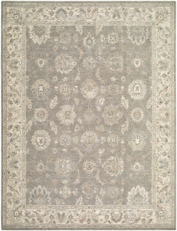 Detailed Alinae Area Rug featuring a traditional floral pattern in cream, green, slate blue, and tan. Design-Rectangle-710102