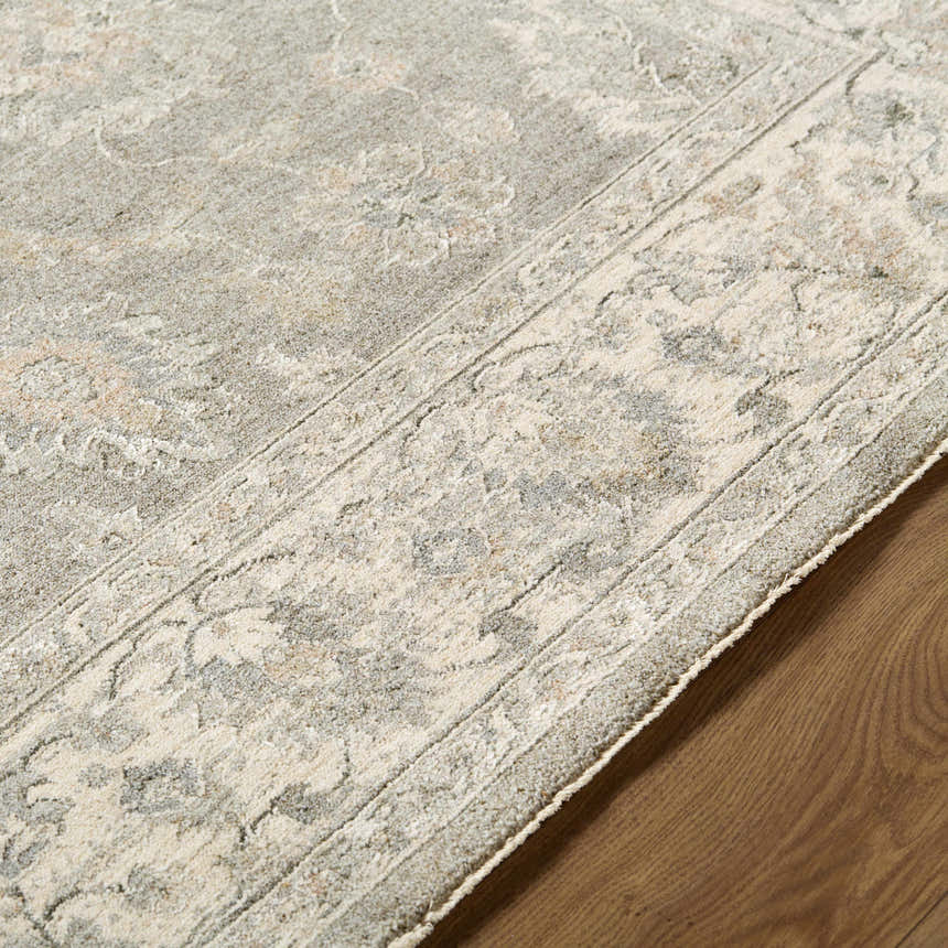 Close-up of the Alinae Area Rug showing its cream, tan, and slate blue traditional floral pattern and soft texture. Texture