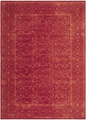 Close-up of the Laibah Area Rug, a traditional rectangle rug in burnt sienna, crimson, and ruby hues with a detailed pattern. Design-Rectangle-679