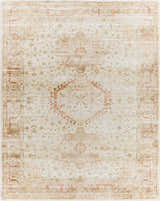 Close-up of the Laran Rust Distressed Washable Area Rug, featuring a traditional design in ash, brick red, and light gray. Design-Rectangle-7696