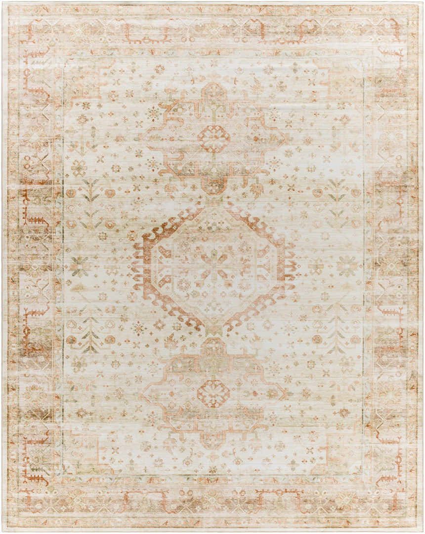 Close-up of the Laran Rust Distressed Washable Area Rug, featuring a traditional design in ash, brick red, and light gray. Design-Rectangle-7696