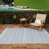 Outdoor patio scene with Madras Light Blue Green rug, wooden furniture, pool, and green hedge. Roomscene-Rectangle