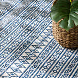 Close up of the Madras Light Blue Green All Over Performance Area Rug with geometric pattern. Styleshot