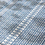 Close-up of the Madras Light Blue Green All Over Performance Area Rug featuring a blue and white geometric pattern. Texture
