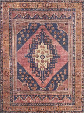 Detailed view of the Malamote Vintage Flat Pile Washable Rug, featuring burnt orange, dark blue, and pink tones in a traditional pattern. Design-Rectangle