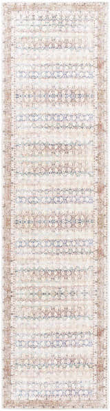 Close-up of the Maligaya Distressed Washable Rug. Bone, gray, and nutmeg hues create a vintage Persian pattern. Machine woven polyester. Design-Runner-2710