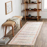 Hallway with Maligaya Distressed Washable Rug runner, wood bench, and bookshelf. Neutral tones and vintage style. Roomscene-Runner