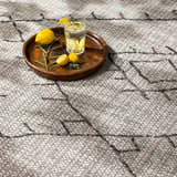 Close-up of the Marwood Nordic Performance Rug in black, charcoal, taupe, and white with a geometric pattern. Styleshot