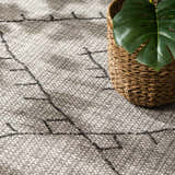Close-up of the Marwood Nordic Performance Rug showing its black geometric pattern on a textured taupe and white weave. Styleshot