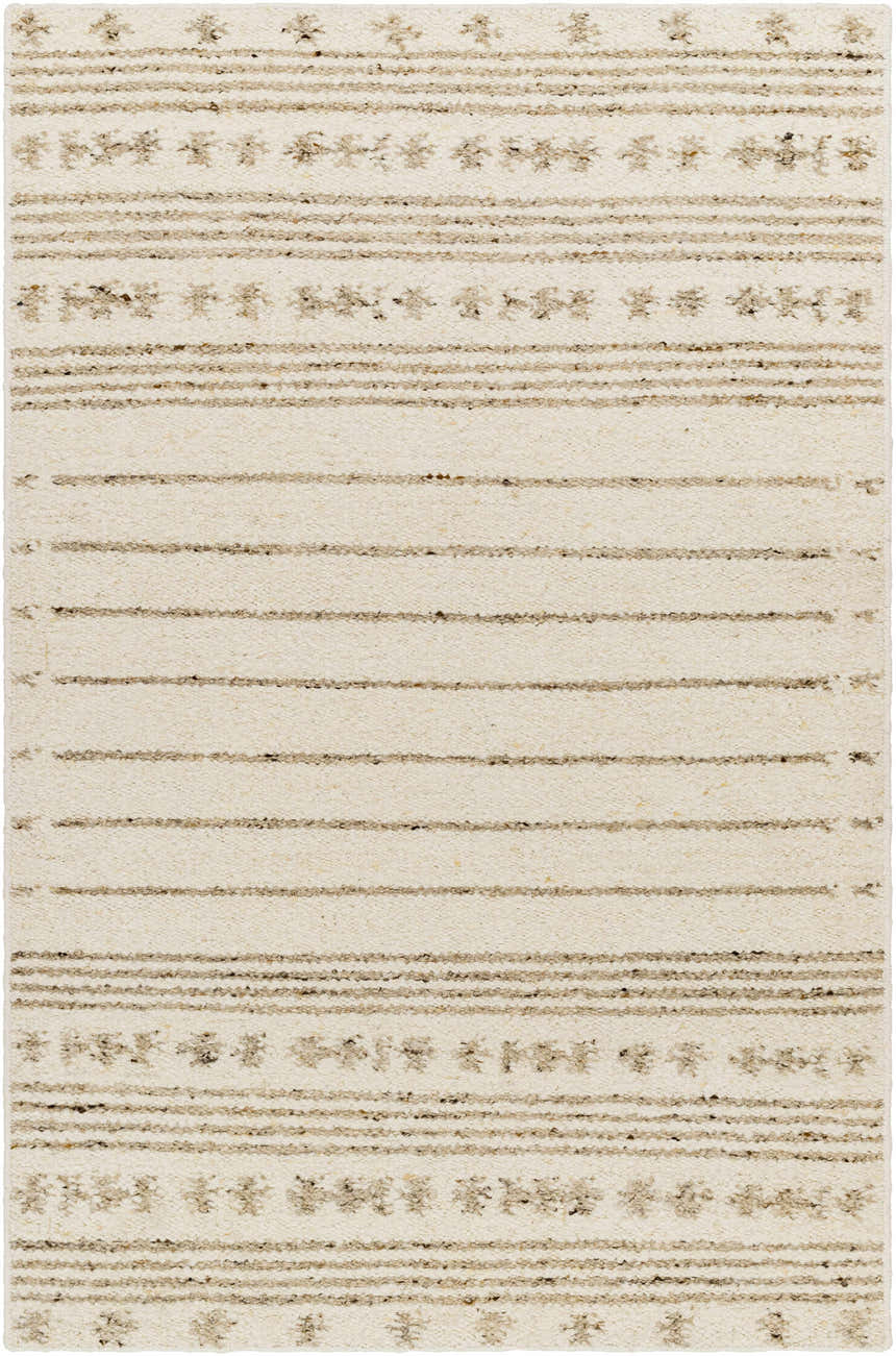 Close-up of the hand woven Matawan Premium Wool Rug. Features a cream base with brown stripes and floral accents. Design-Rectangle-576