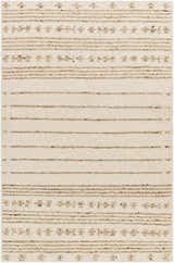 Close-up of the hand woven Matawan Premium Wool Rug. Cream rug with brown stripes and floral pattern. Design-Rectangle-576