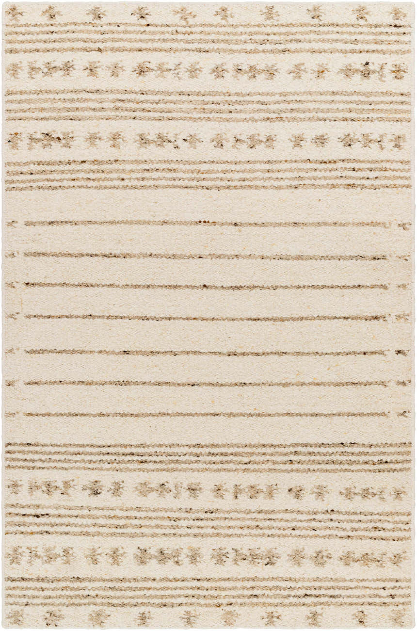 Close-up of the hand woven Matawan Premium Wool Rug. Cream rug with brown stripes and floral pattern. Design-Rectangle-576