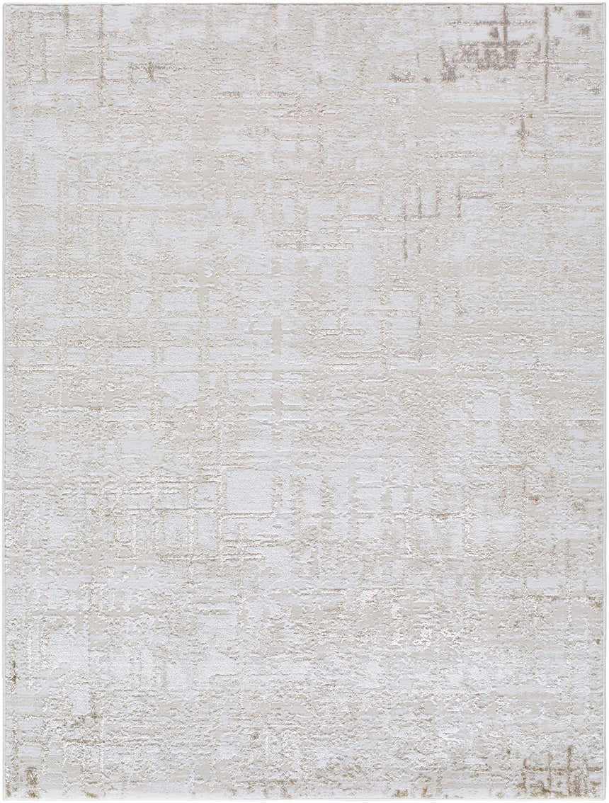 Close-up of Auriel Beige Area Rug. Contemporary style with cream, mustard, and tan distressed pattern. Design-Rectangle-5373