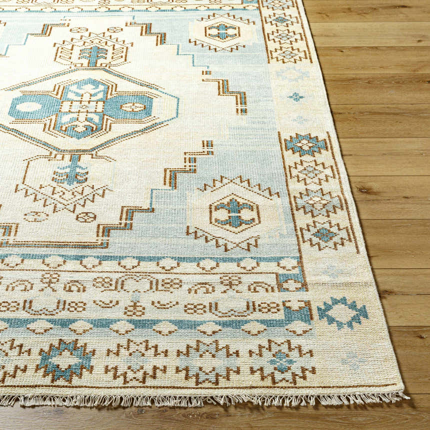 Close-up of the McColl Hand Knotted Wool Blend Rug. Features a geometric pattern in cream, brown, and teal on a wooden floor. Front