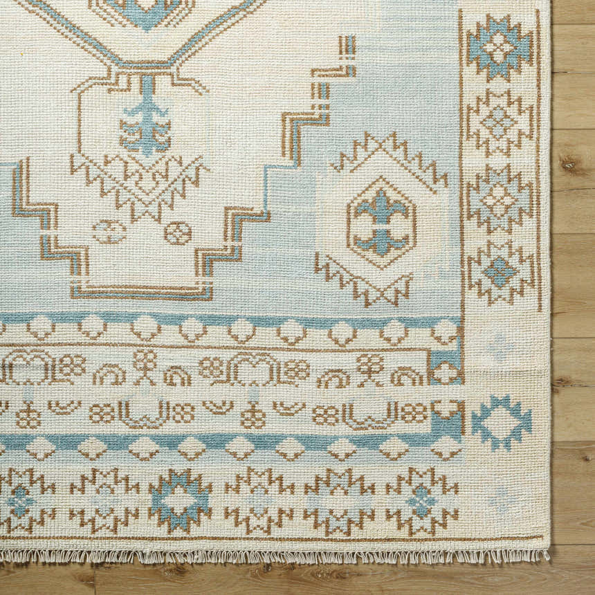 Close-up of McColl Hand Knotted Wool Blend Rug. Cream rug with brown and teal geometric, oriental-inspired pattern. Corner