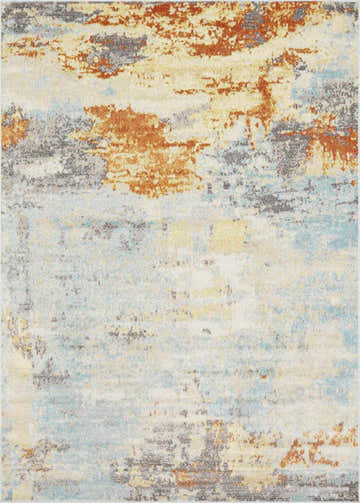 Close-up of the Mecosta Light Outdoor Area Rug. Abstract design in brick red, charcoal, ivory, and pale blue. Design-Rectangle