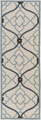 Close-up of the Menomonie Area Carpet. Hand-hooked rug with dusty sage, light beige, and navy geometric pattern. Design-Runner-268