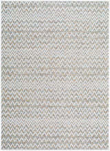Close-up of the Alazne Ivory Area Rug, showcasing its ivory, sage, tan, and taupe chevron pattern and woven texture. Design-Rectangle-537