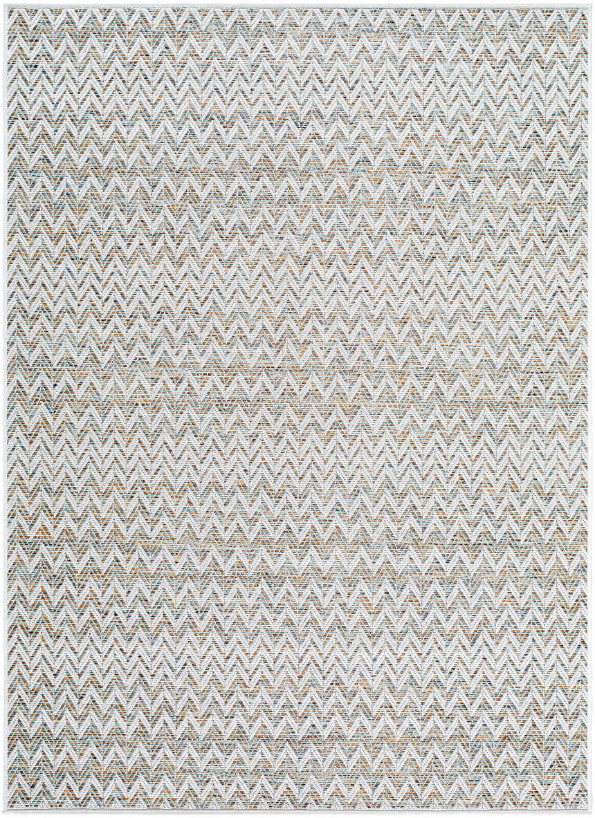 Close-up of the Alazne Ivory Area Rug, showcasing its ivory, sage, tan, and taupe chevron pattern and woven texture. Design-Rectangle-537