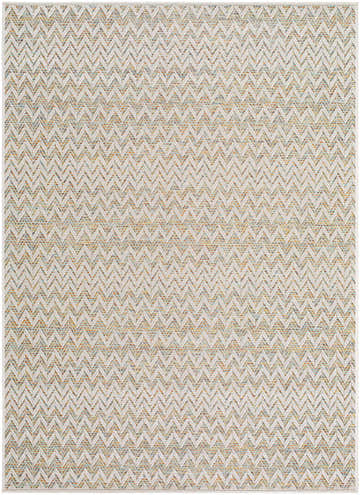Close-up of Alazne Ivory Area Rug. Polypropylene rug with a subtle chevron pattern in ivory, sage, tan, and taupe. Design-Rectangle-57