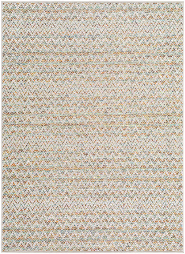 Close-up of Alazne Ivory Area Rug. Polypropylene rug with a subtle chevron pattern in ivory, sage, tan, and taupe. Design-Rectangle-57