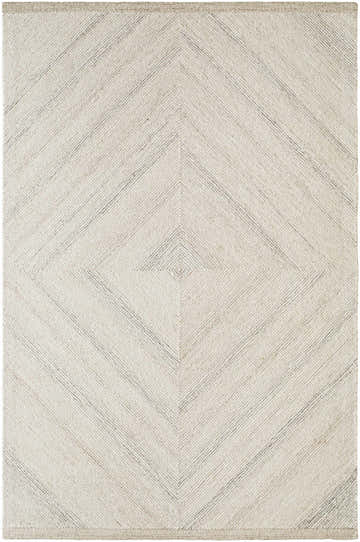 Close-up of the Meryn Modern Wool Rug. Ivory rug with a geometric diamond pattern in medium brown and peach tones. Design-Rectangle-576