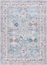 Close-up of the Matty Washable Area Rug. Traditional style rug in beige, cream, dark red, denim, navy, and rust. Design-Rectangle-5373