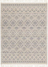 Magnolia Cream 2300 Area Rug featuring a geometric diamond pattern in beige, cream, and subtle blue tones with tassel fringe. Design-Rectangle-537