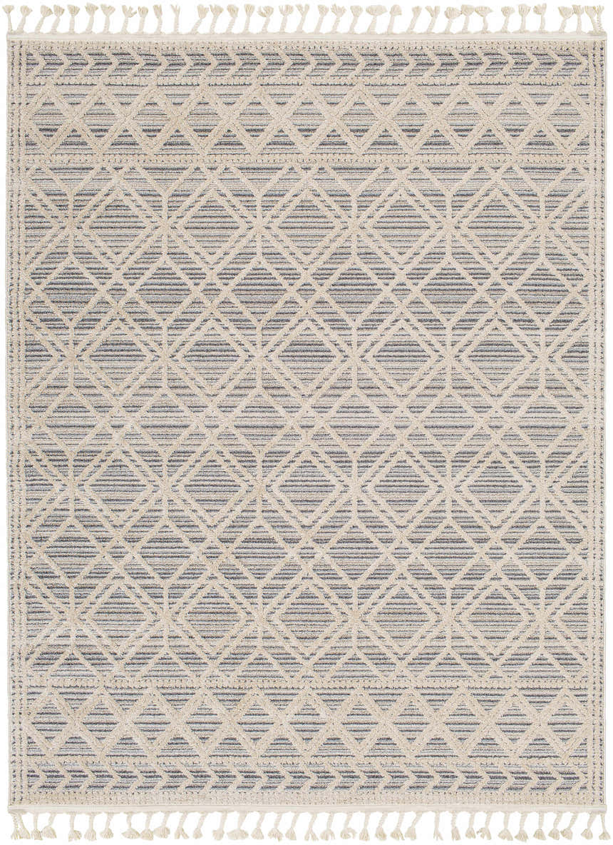 Magnolia Cream 2300 Area Rug featuring a geometric diamond pattern in beige, cream, and subtle blue tones with tassel fringe. Design-Rectangle-537