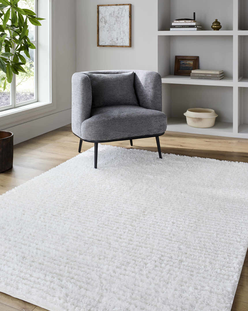 Living room scene with a gray chair on a plush cream Alysha Area Rug. Light and airy. Roomscene-Rectangle