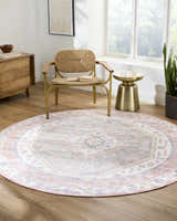Light-filled living room with round Maha Washable Area Rug in bone, faded driftwood, mocha, and steel. Farmhouse style. Roomscene-Round