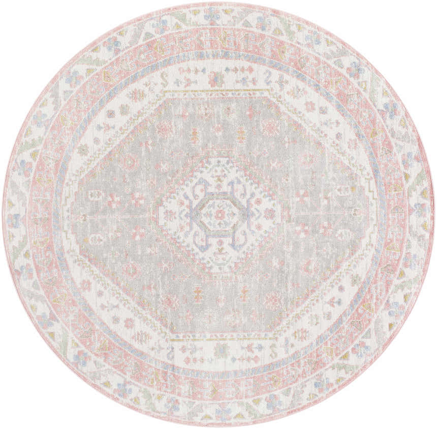 Close-up of round Maha Washable Area Rug. Bone, faded driftwood, mocha, and steel traditional pattern. Design-Round-67