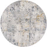 Close-up of the round Midfield Luxe Rug. Contemporary design in charcoal, cream, gray, and teal hues. Design-Round-67