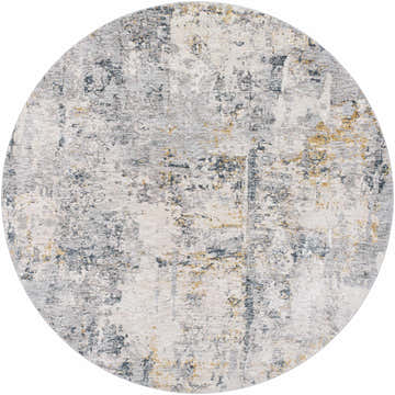 Close-up of the round Midfield Luxe Rug. Contemporary design in charcoal, cream, gray, and teal hues. Design-Round-67