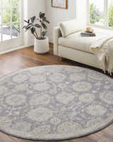 Light-filled room with round Mimarsinan rug in gray, beige, and brown. Daybed, wood floors, and potted plant create a cozy space. Roomscene-Round
