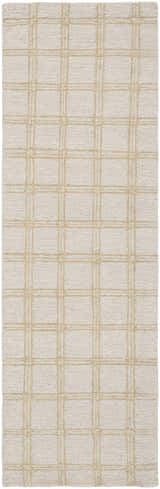 Close up of the Adagio Area Rug. Beige wool rug with a sandstone grid pattern. Hand tufted texture. Design-Runner-268