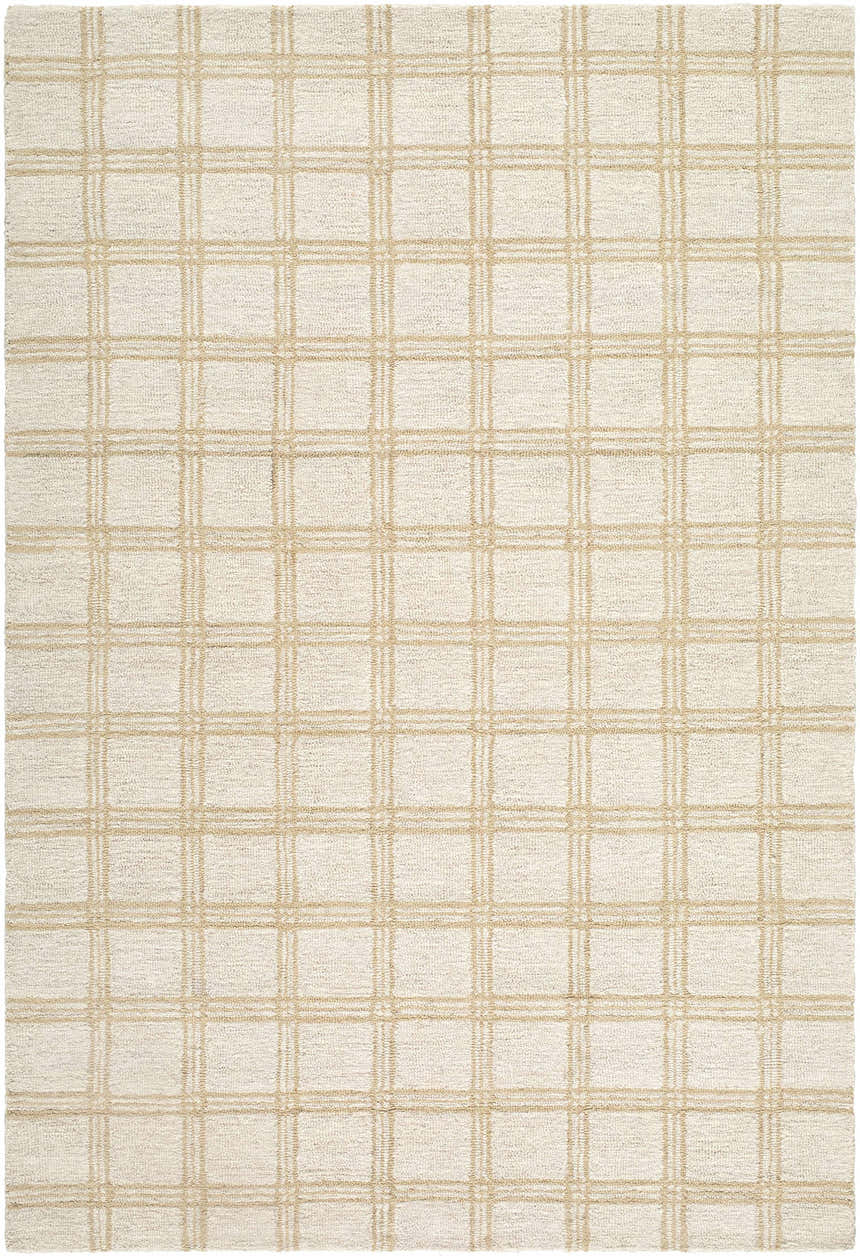 Close-up of the Adagio Area Rug, a hand-tufted wool rug in beige and cream with a sandstone plaid pattern. Design-Rectangle-576
